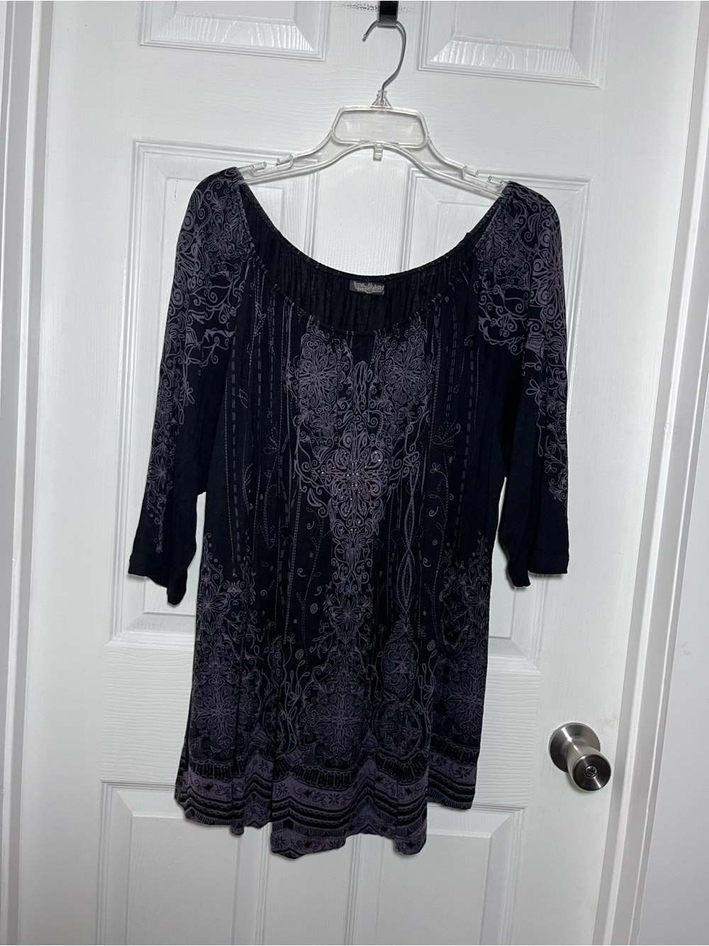 Vanilla Sugar Black Top with Light Purple Scroll Print